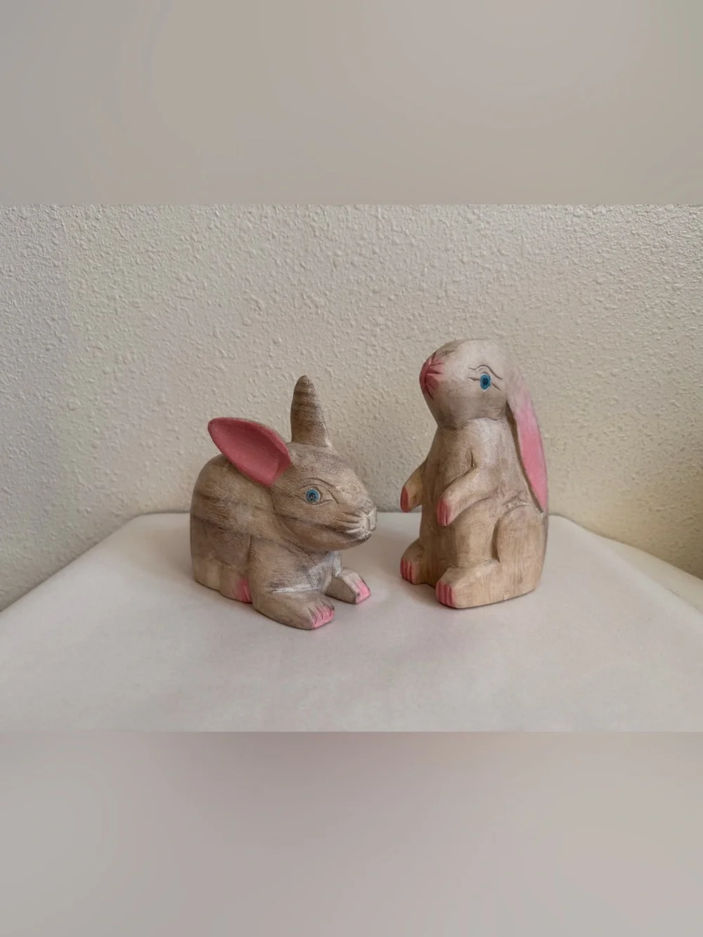 Vintage Thai Wooden Rabbit Hare Figurines Pair Hand Carved Painted 1980s 1990s